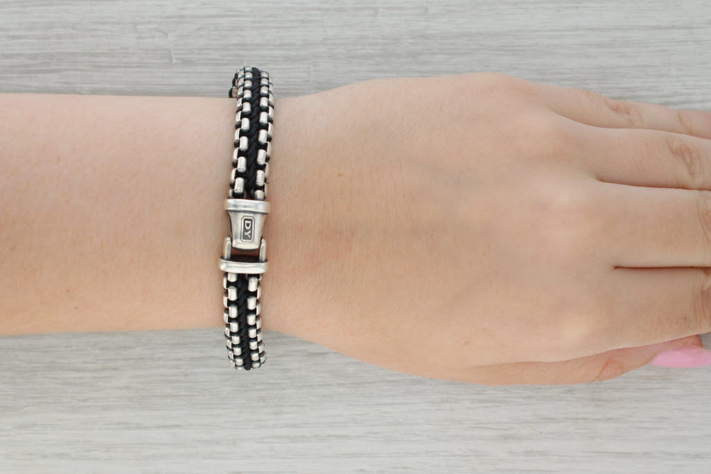 Dark Gray David Yurman Woven Nylon Box Chain Bracelet Sterling Silver 8" 9.5mm