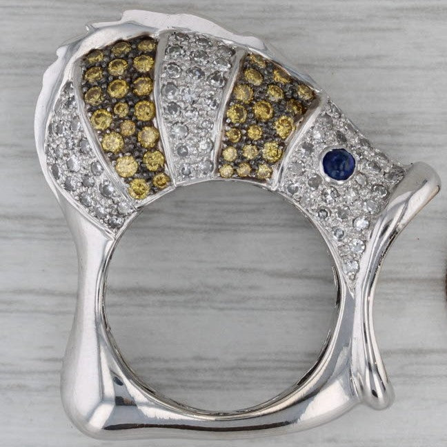 Dark Gray 2.44ctw Yellow White Diamond Sapphire Fish Ring 18k White Gold Size 7.75