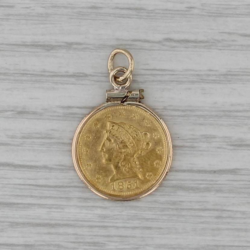 1851 1/20 oz American Gold Eagle Coin Pendant 14k 900 Gold 2.5 Dollar Liberty
