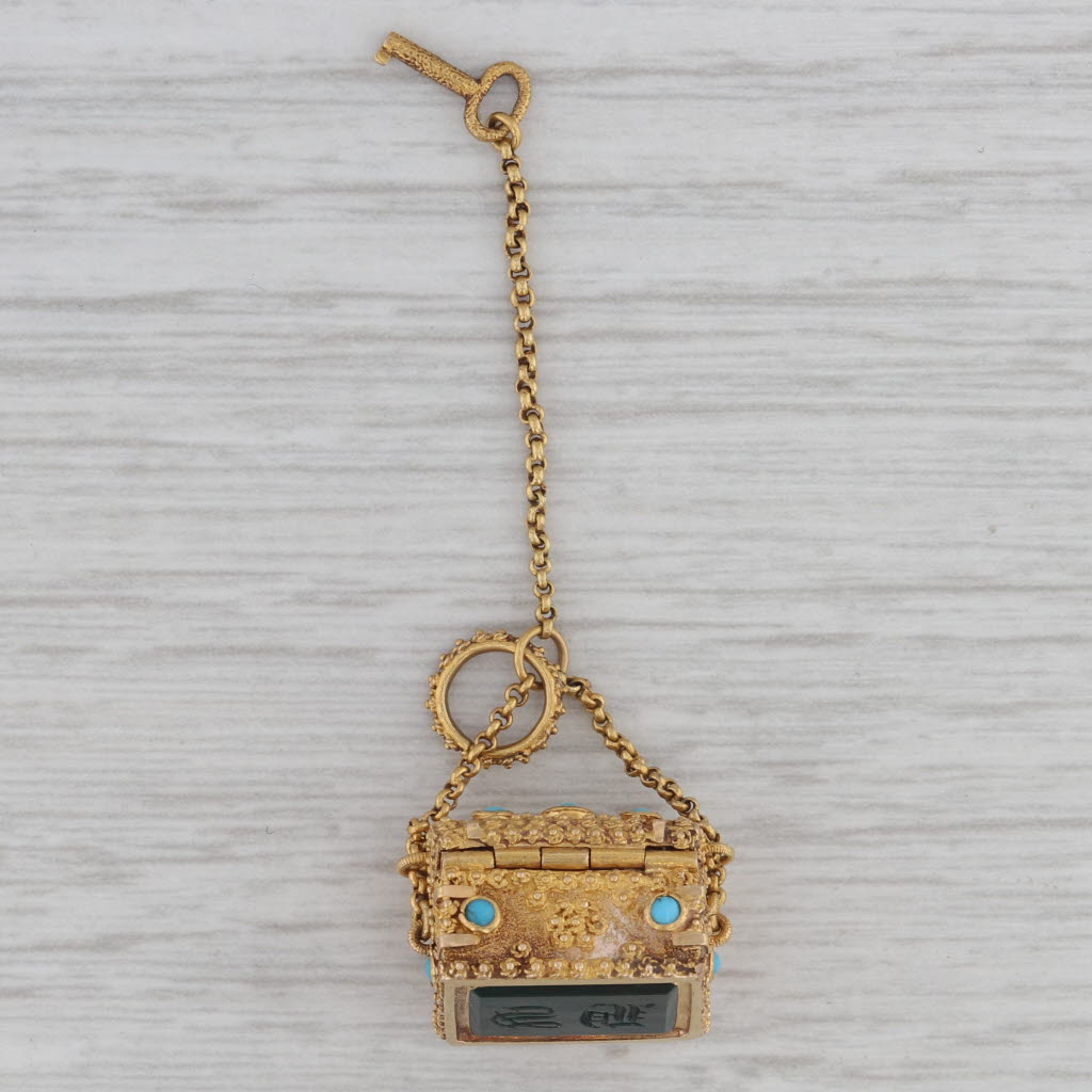 Gray Antique Bloodstone Turquoise Intaglio Treasure Chest Pendant Charm 20k Gold Open