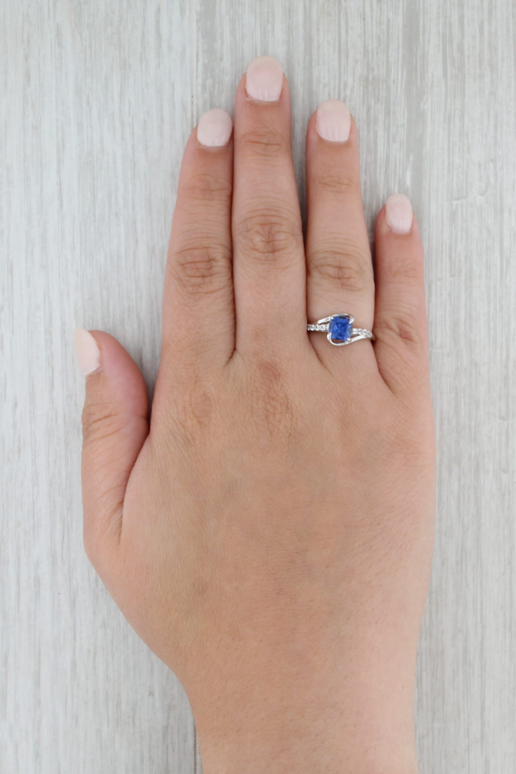 1.41ctw Lab Created Blue Sapphire White Topaz Ring 10k White Gold Size 7 Bypass