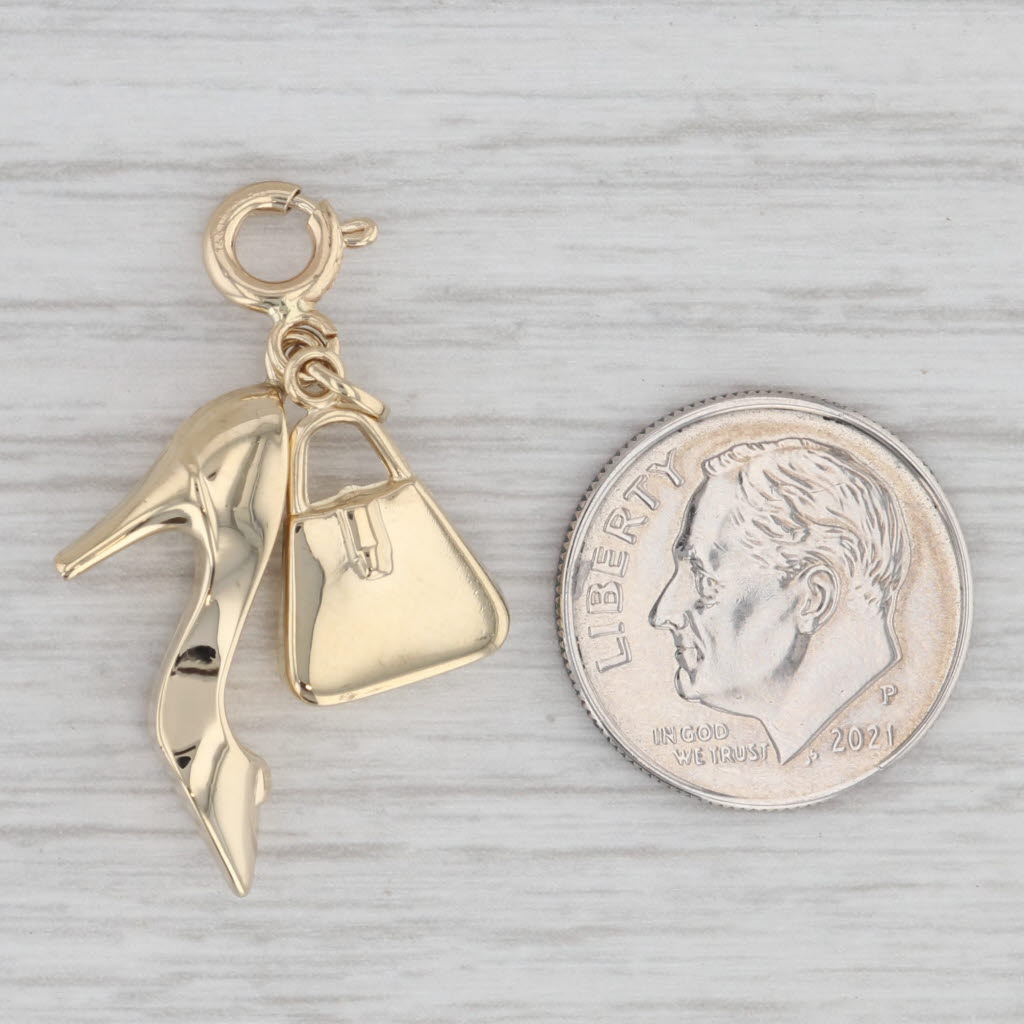 Gray Purse & Stiletto Charm 14k Yellow Gold Fashion Themed Pendant Hand Bag Shoe