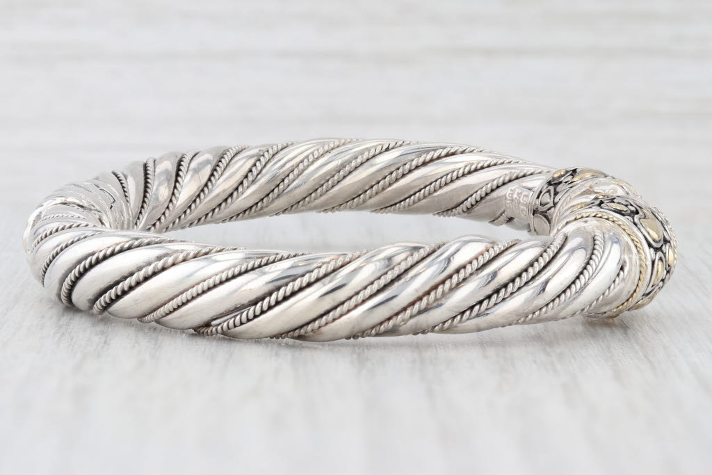 Light Gray Samuel Benham 0.19ct Diamond Cuff Bracelet Sterling Silver 18k Gold Hinged 7.25"