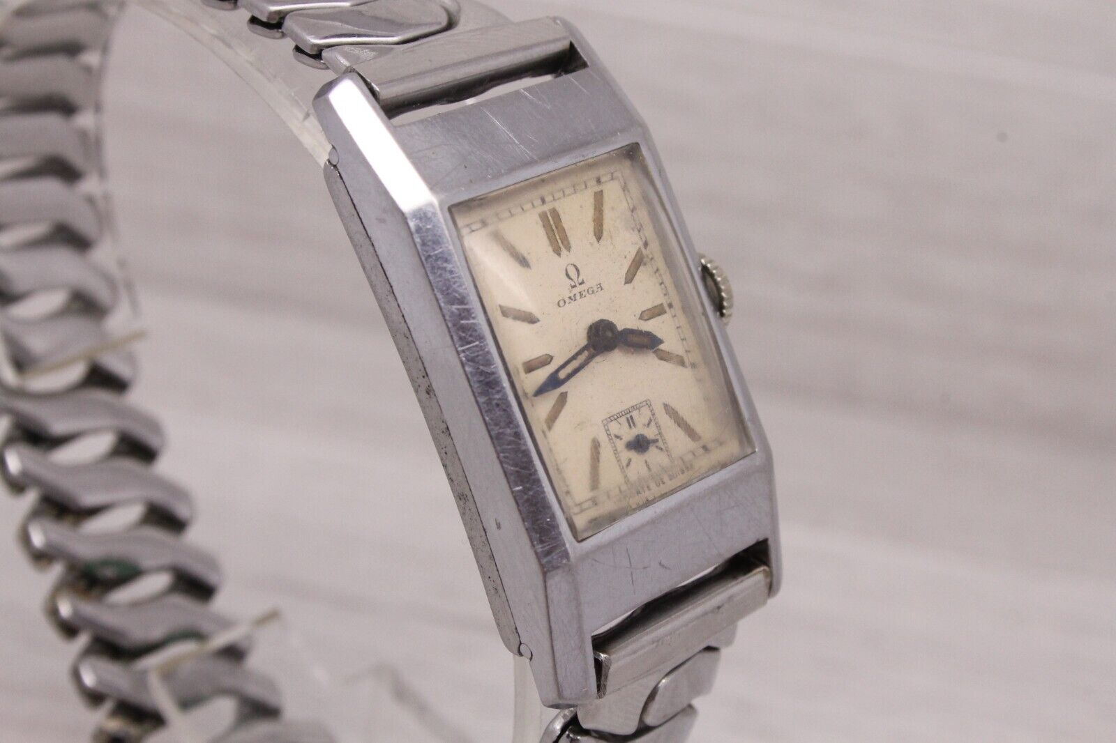 Dark Gray VINTAGE c.1930 Omega Steel Tank Watch cal.20F ORIGINAL Dial Fab Importe Suisse