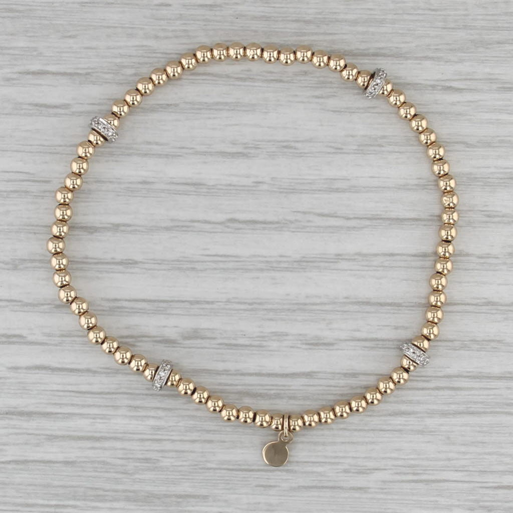 Stretchy Bead Diamond Station Bracelet 14k Yellow Gold 7.5" Adjustable