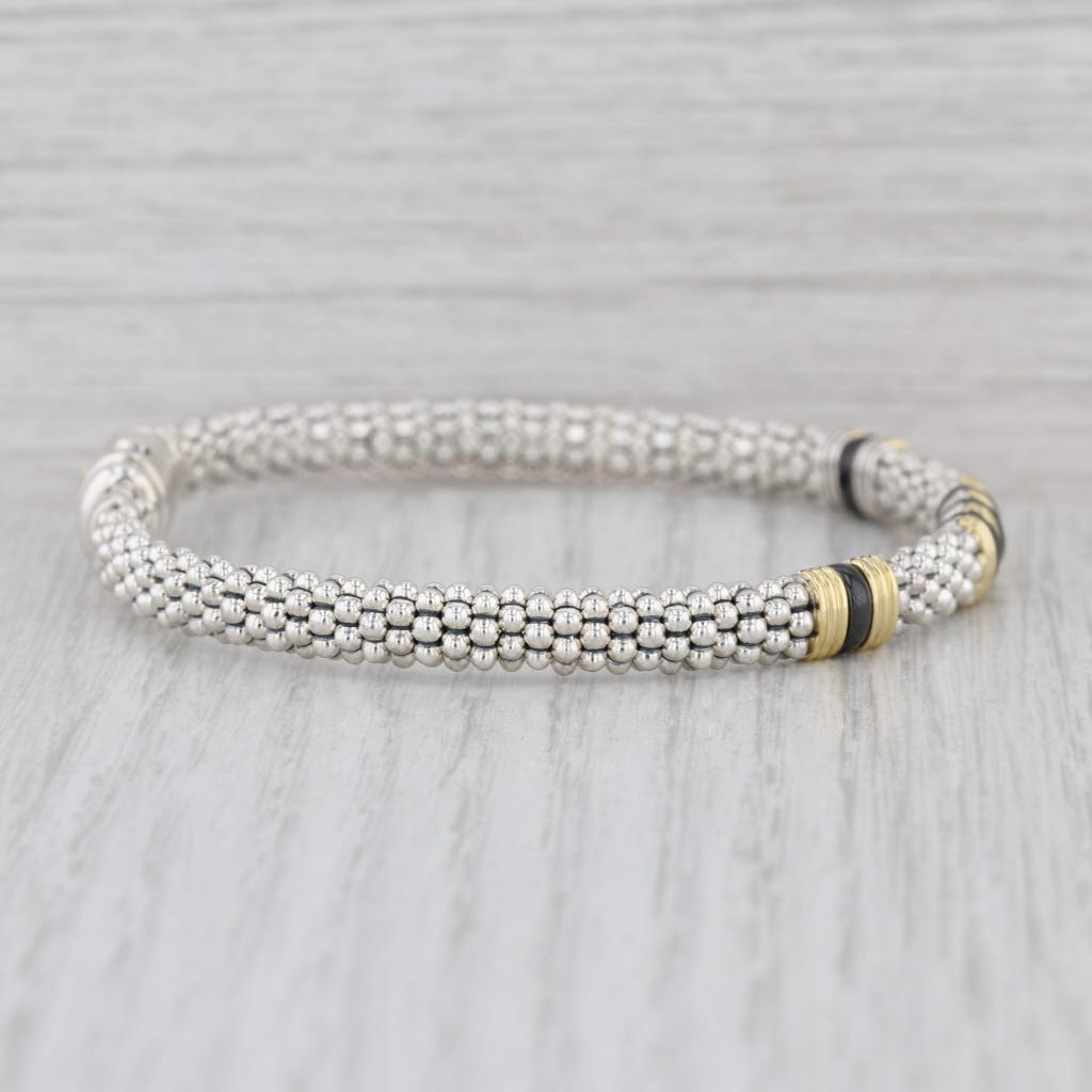 New Lagos Black Caviar Bracelet Sterling Silver 18k Gold Ceramic w/ Pouch 7.75"