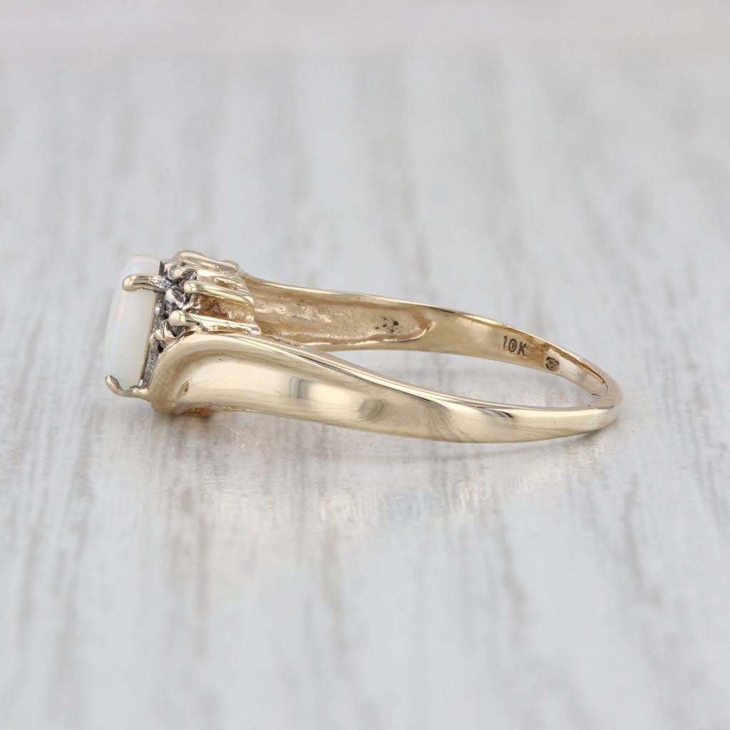 Oval Cabochon Opal Solitaire Ring 10k Yellow Gold Size 8.5 Diamond Accents