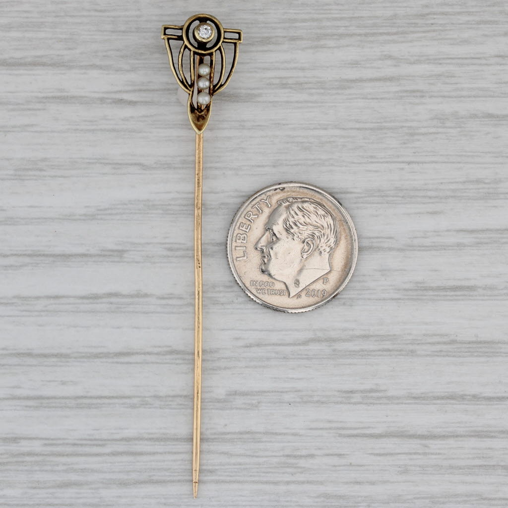 Gray Antique Diamond Seed Pearl Stickpin 14k Yellow Gold