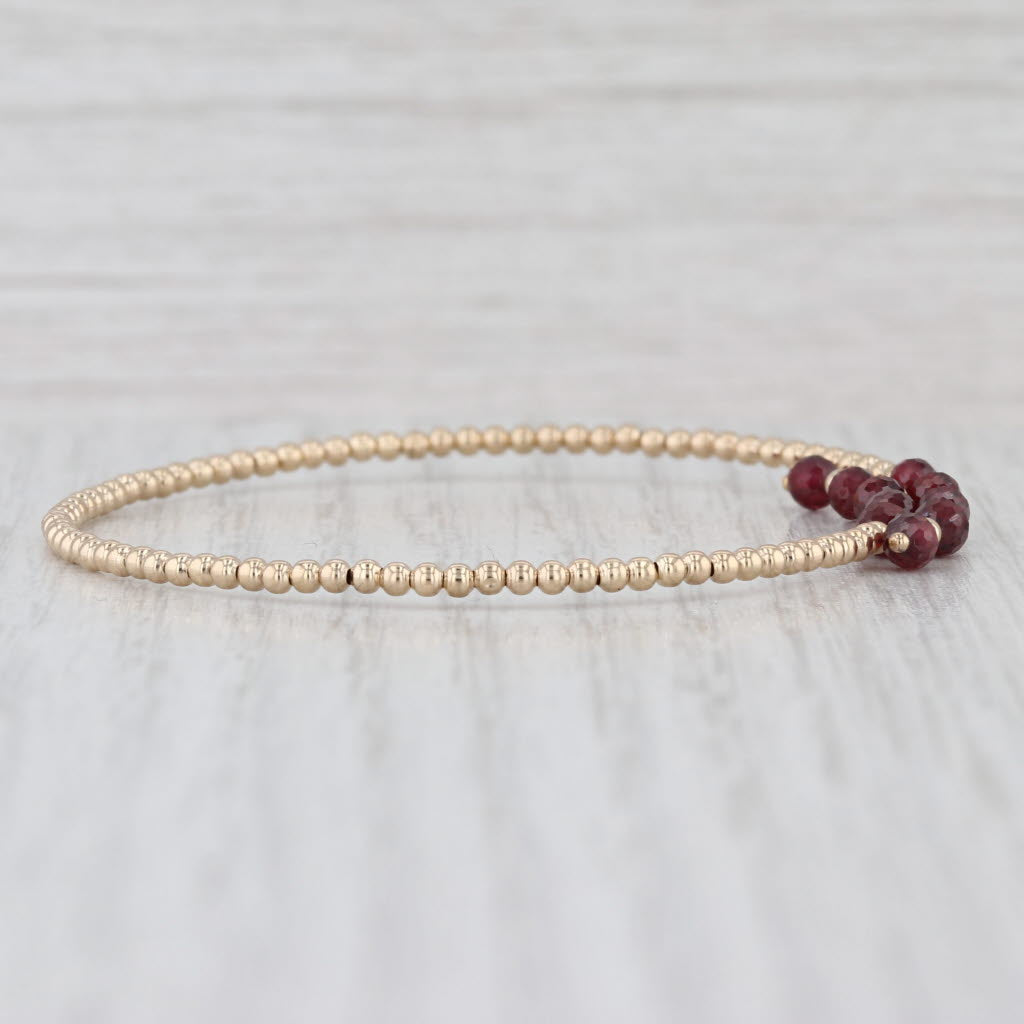 Garnet Bead Bypass Bangle Bracelet 14k Yellow Gold 6.5" Adjustable