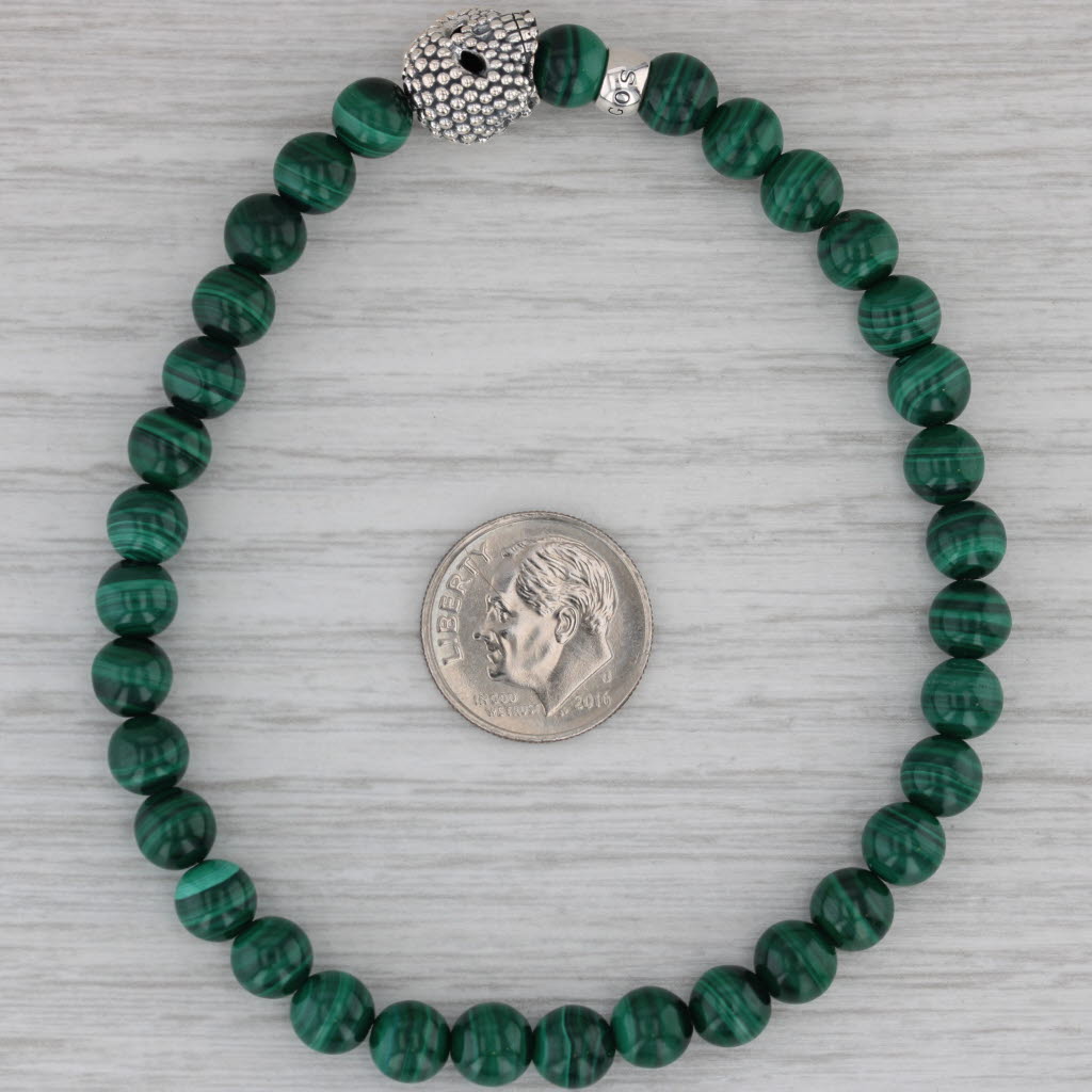 New Lagos Caviar Malachite Skull Bead Bracelet Pouch Sterling Silver 05-81388-W8
