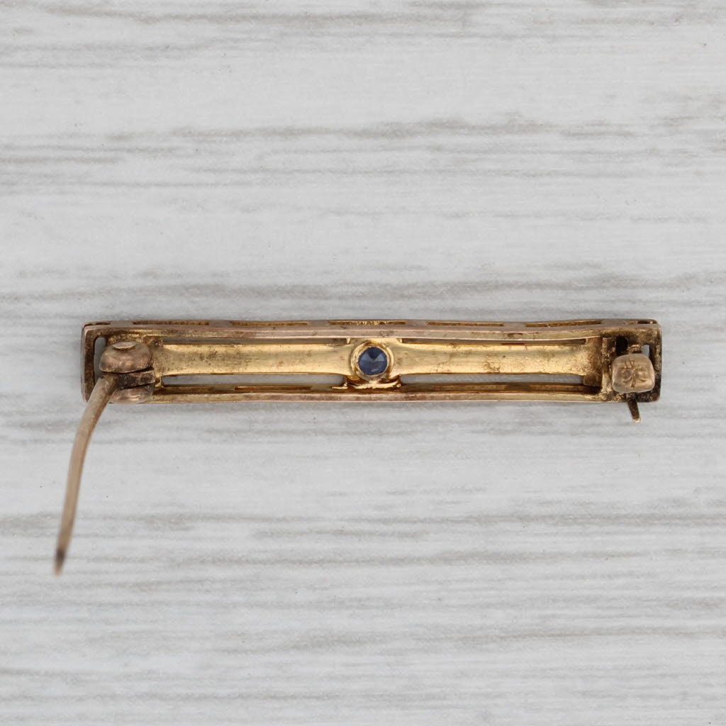 Gray Vintage 0.15ctw Blue Sapphire Pearl Bar Pin 14k Yellow Gold