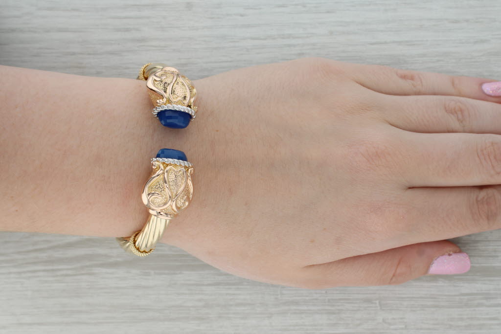 Dark Gray Blue Chalcedony Hinged Cuff Bracelet 14k Yellow Gold Ornate Italian