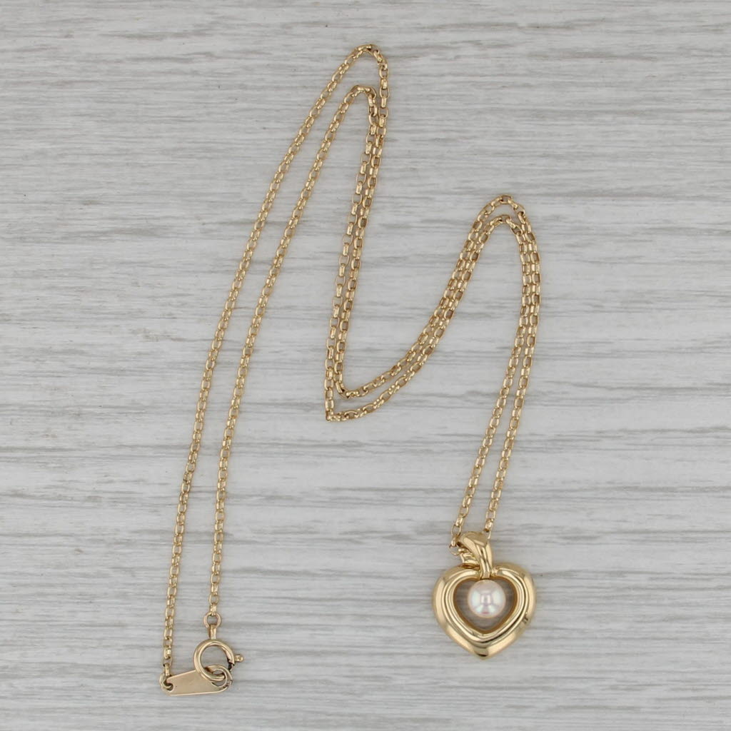 Mikimoto Cultured Pearl Heart Pendant Necklace 18k Yellow Gold 18" Cable Chain