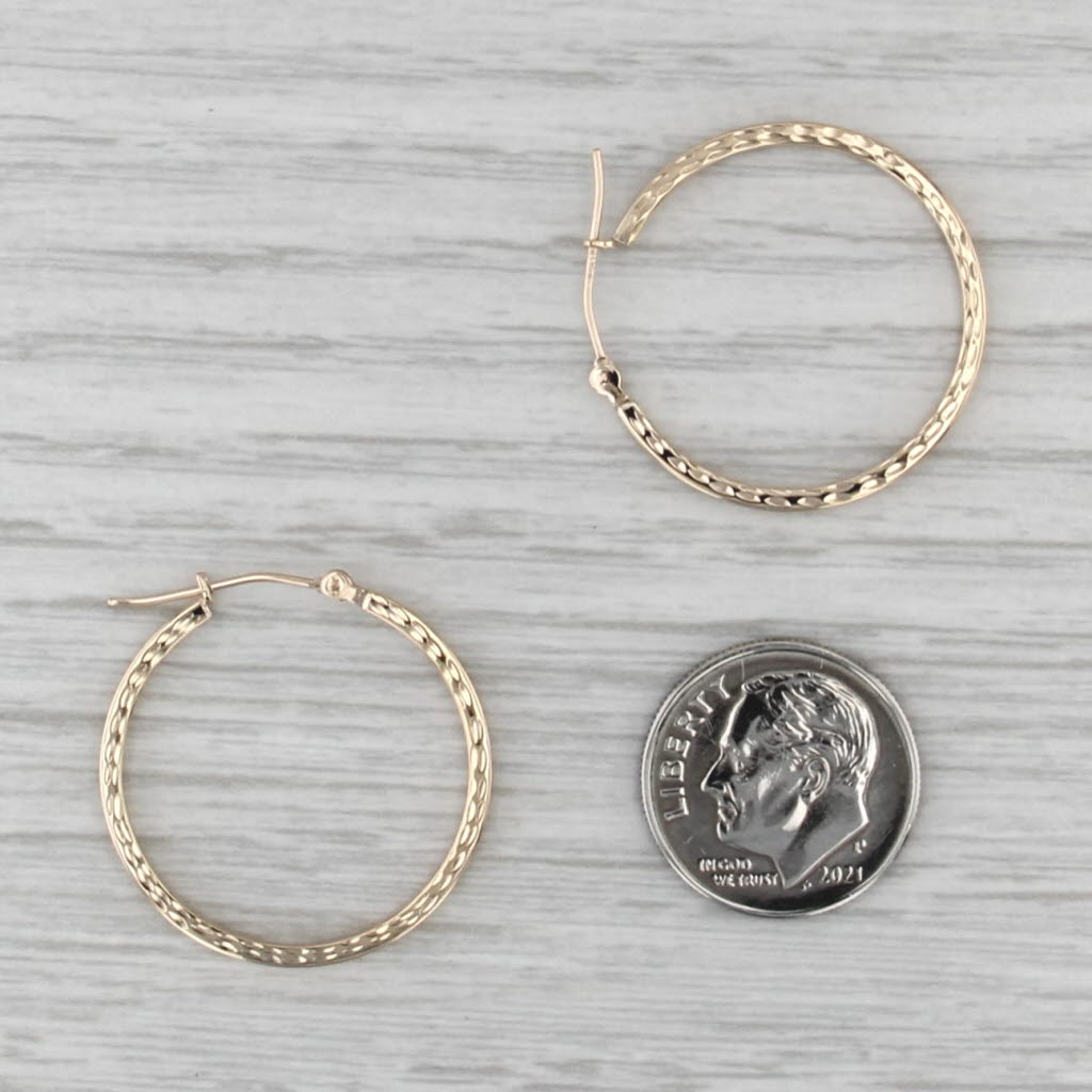 Round Hoop Earrings Textured Edge 10k Yellow Gold Snap Top 24.4 x 1.6mm