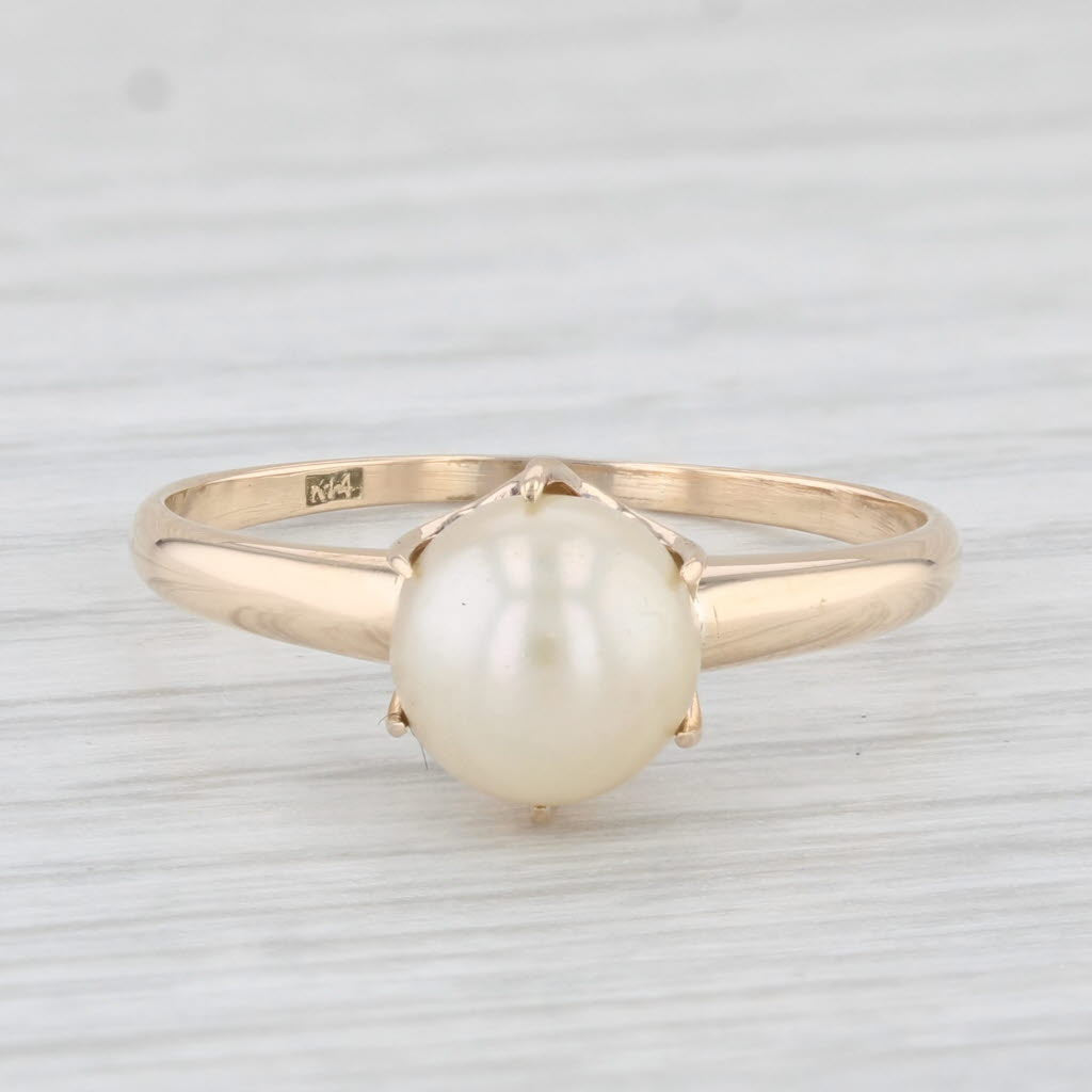 Light Gray Cultured Pearl Solitaire Ring 14k Yellow Gold Size 8.5
