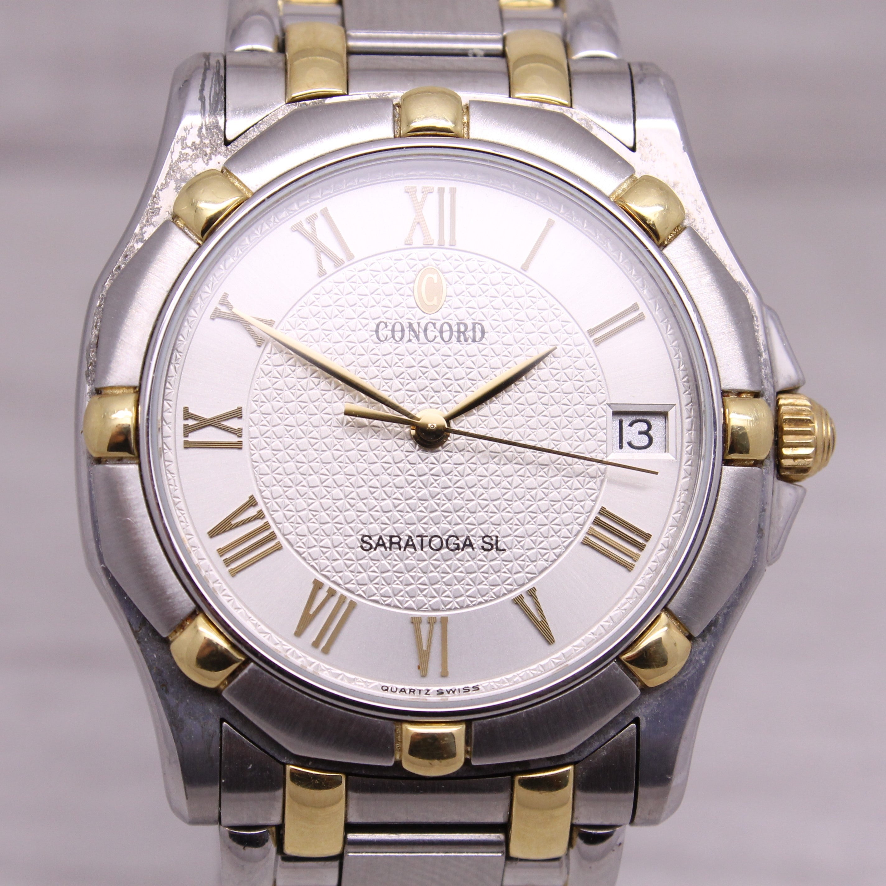Gray Concord Saratoga SL Mens 34mm Steel & Gold Quartz Watch 15-C2-230 w Box Manual