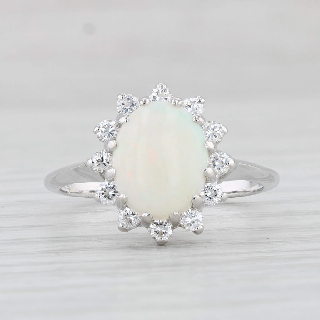 Light Gray Oval Cabochon Opal 0.36ctw Diamond Halo Ring 14k White Gold Size 7.75