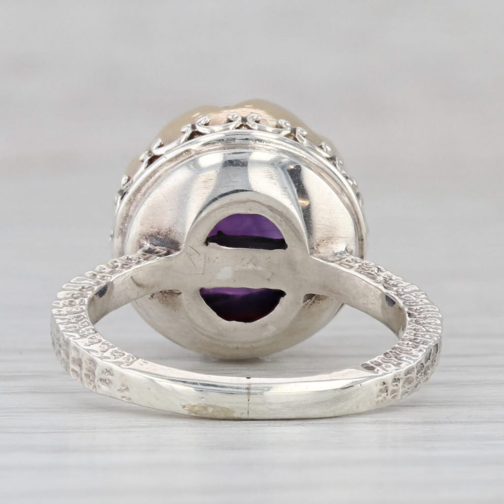 Gray Ornate Amethyst Cabochon Solitaire Ring Sterling Silver Gold Plating Size 5