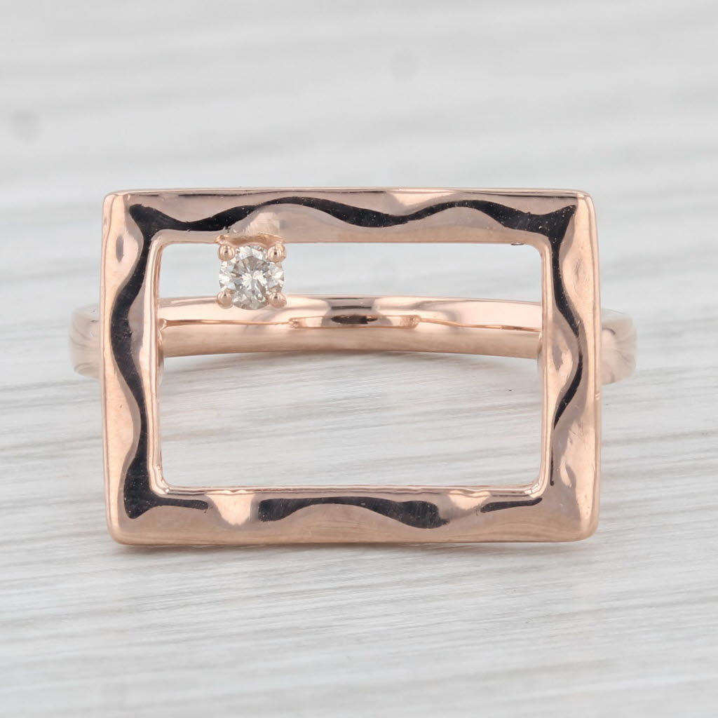 Light Gray Diamond Accented Abstract Rectangle Ring Hammered 14k Rose Gold Size 6.75