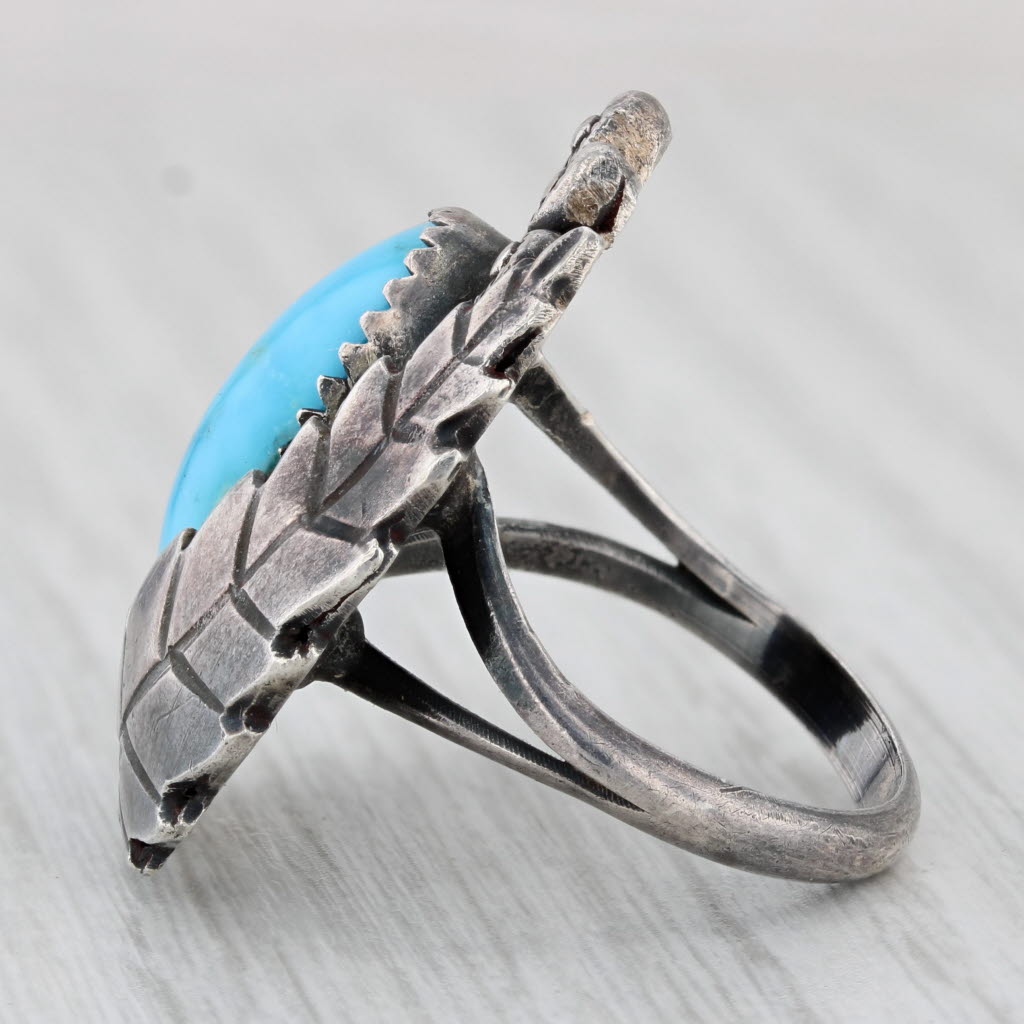 Light Gray Native American Turquoise Leaf Ring Sterling Silver Size 7.25 Statement