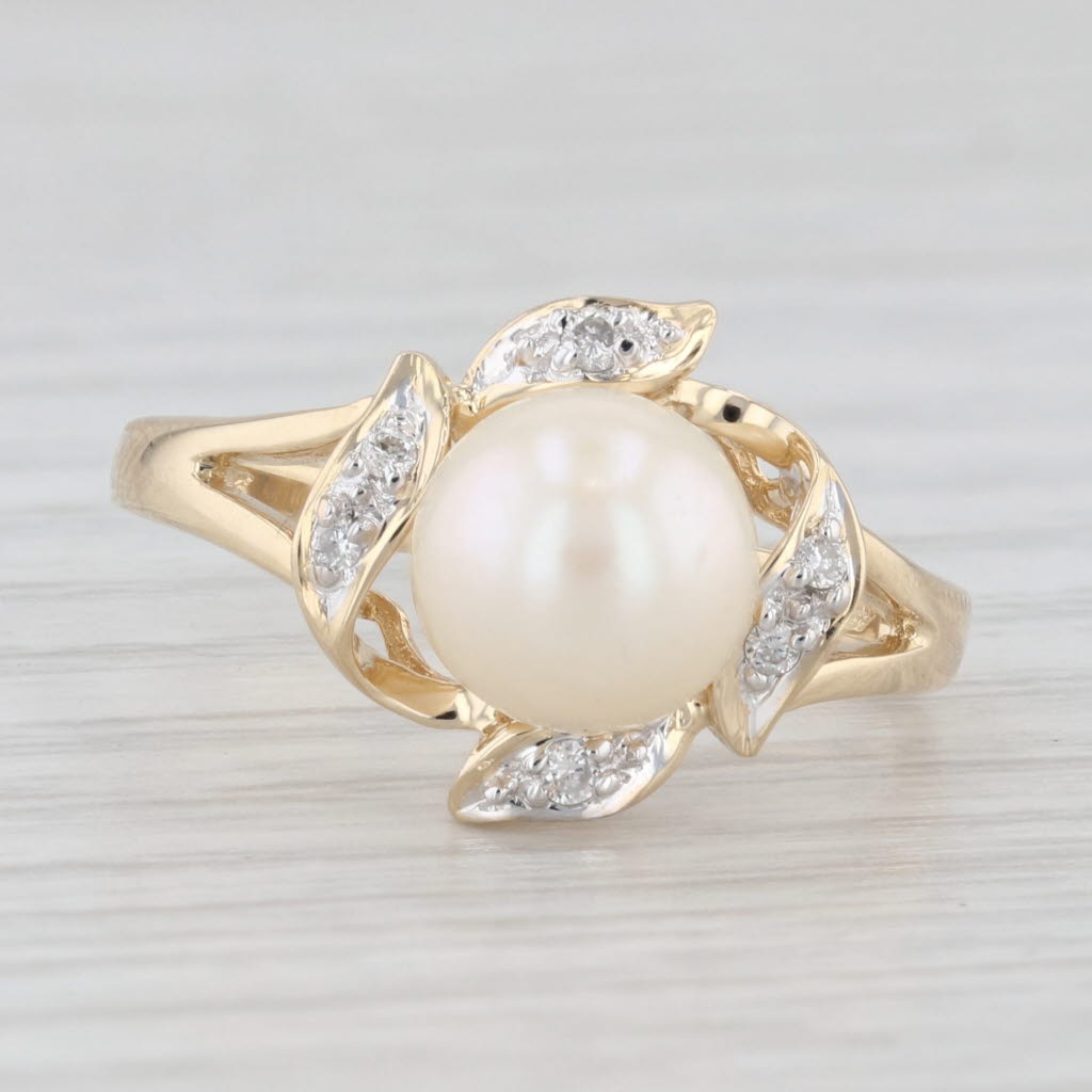Light Gray Cultured Pearl Diamond Ring 14k Yellow Gold Size 6.75