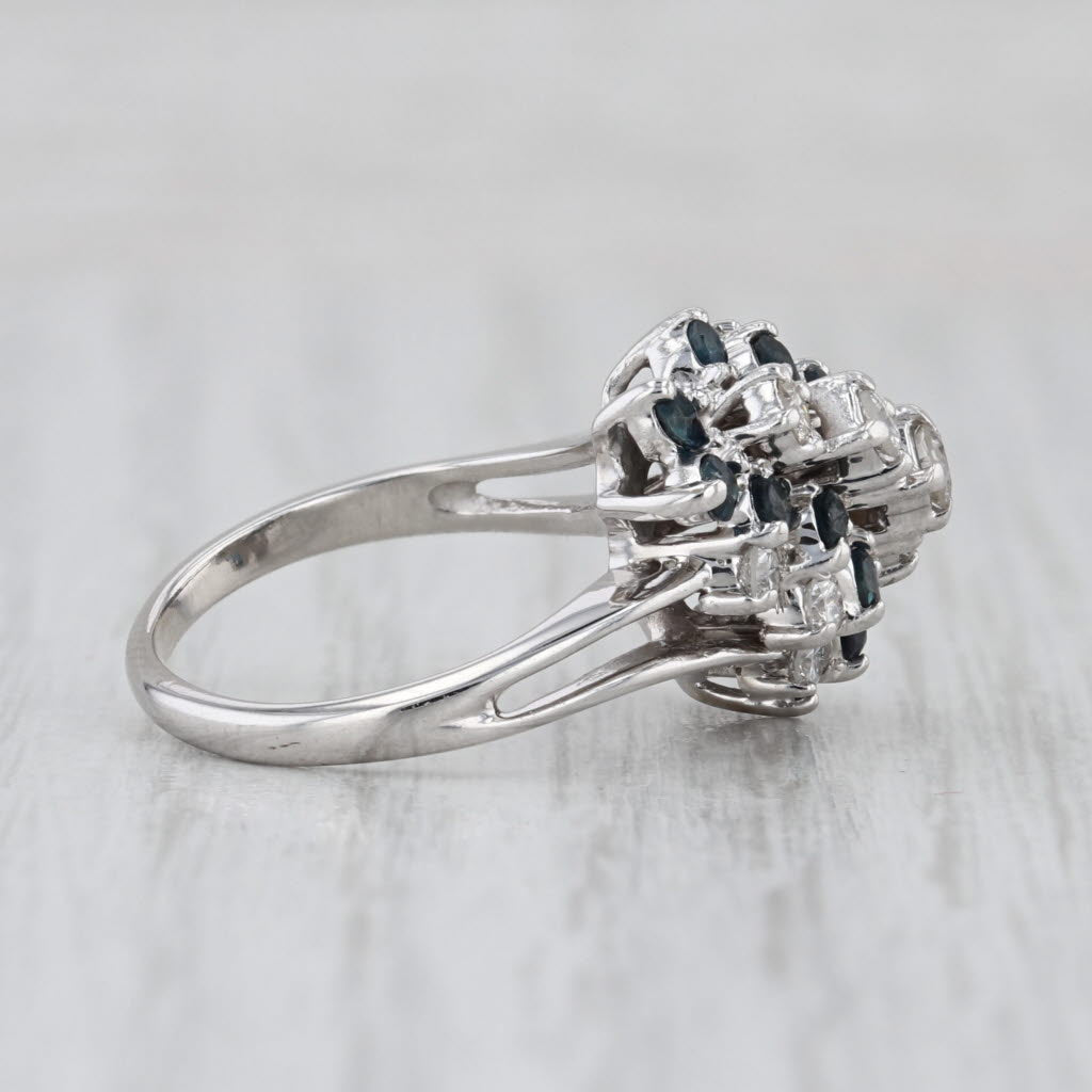 1ctw Blue Sapphire Diamond Cluster Bypass Ring 14k White Gold Size 5.25