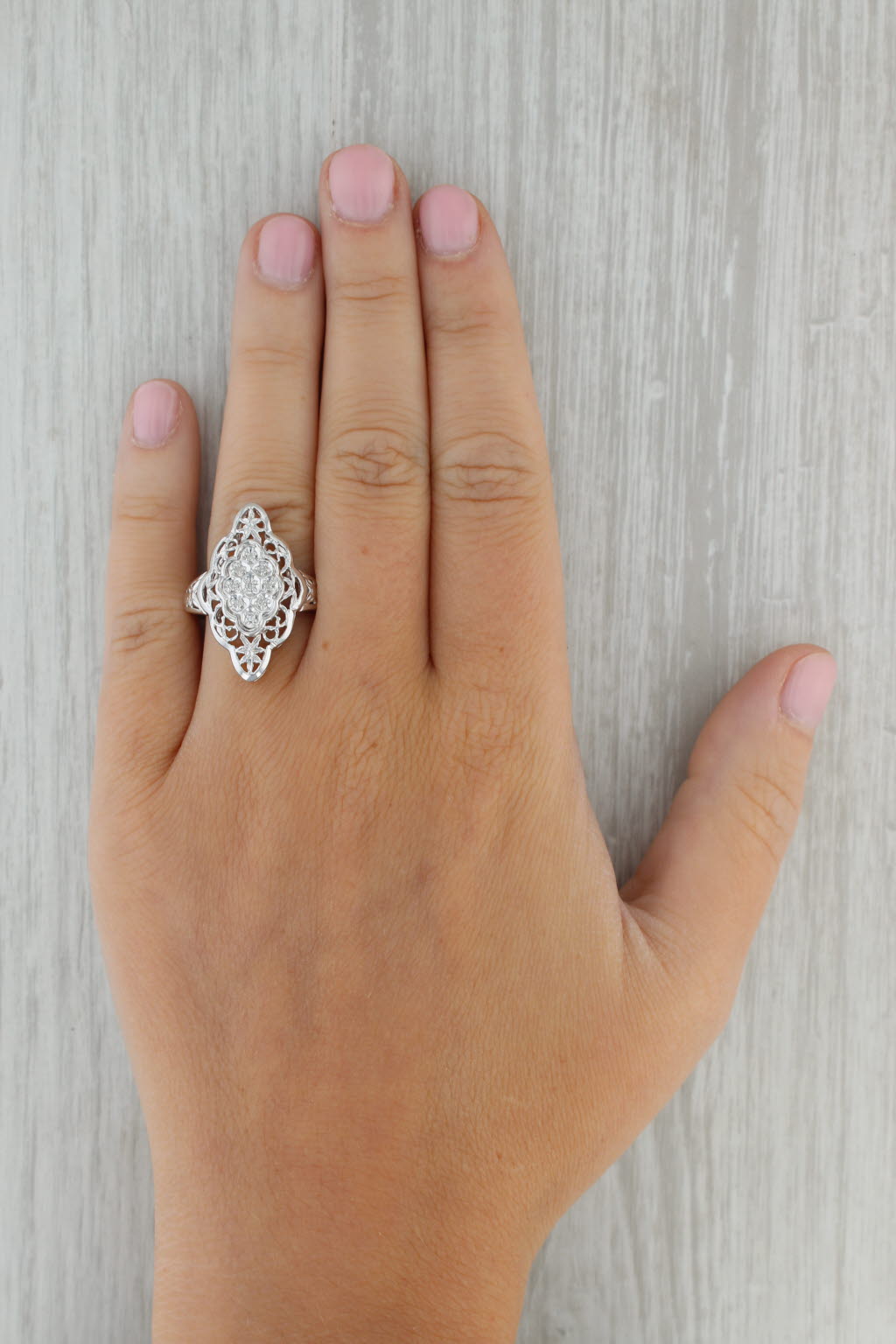 Dark Gray Diamond Cluster Openwork Ring 10k White Gold Size 6.5 Cocktail