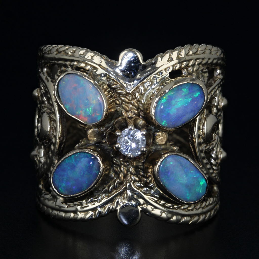 Black Vintage Ornate Opal Diamond Ring 14k Yellow Gold Butterfly Size 6.75 Cocktail