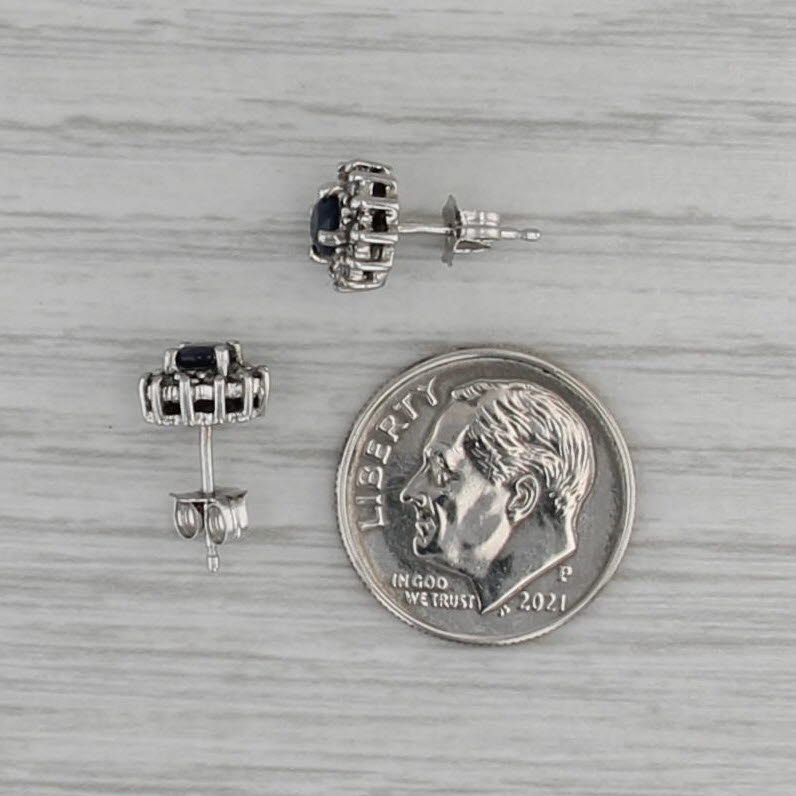 0.75ctw Blue Sapphire Diamond Halo Stud Earrings 14k White Gold Round Studs