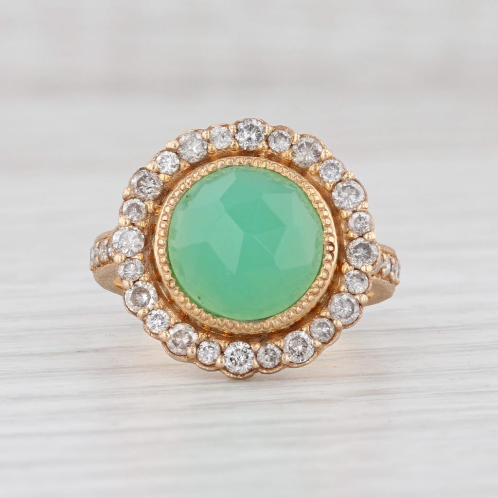 New Nina Wynn Green Chrysoprase Diamond Halo Ring 18k Gold Size 7