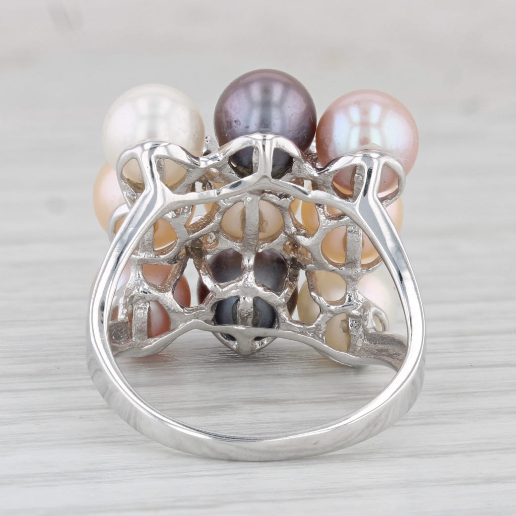 Light Gray Cultured Pearl Diamond Cluster 14k White Gold Size 7.75 Cocktail