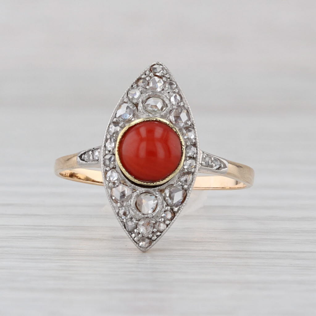 Antique Red Coral Diamond Ring 18k Yellow Gold Platinum Size 8.75