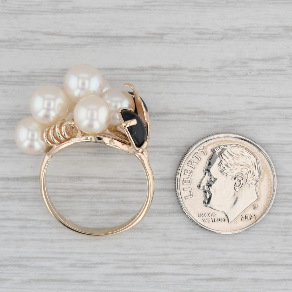 Gray Black Coral Cultured Pearl Cluster Ring 14k Yellow Gold Size 7.5 Cocktail