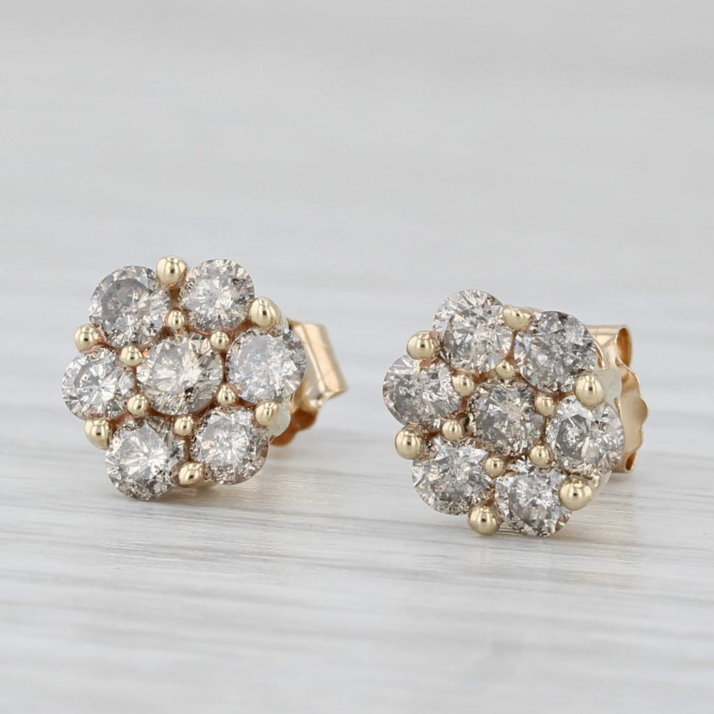 Light Gray 0.90ctw Diamond Flower Cluster Stud Earrings 10k Yellow Gold