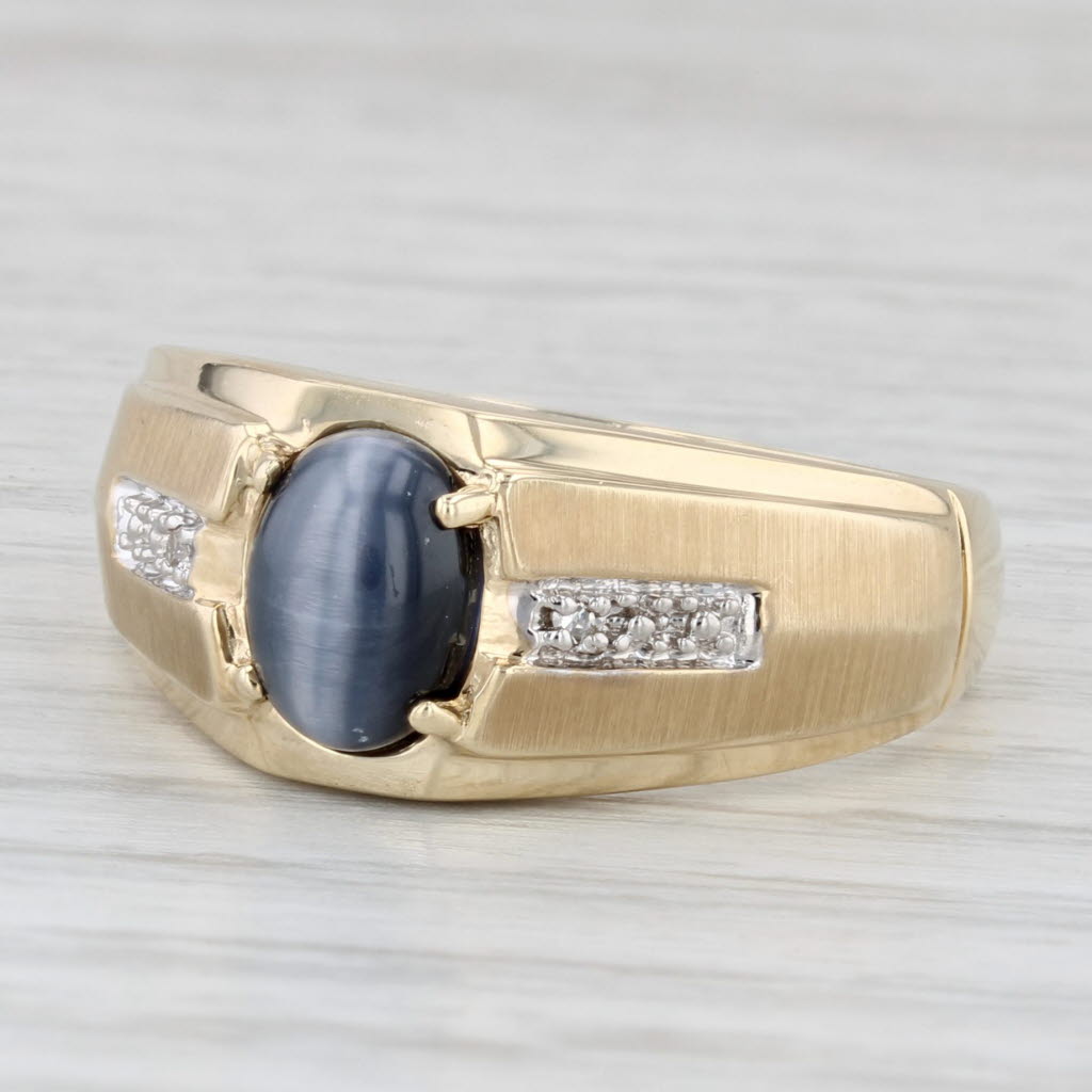 Light Gray Glass Cat's Eye Oval Cabochon Ring 10k Yellow Gold Size 11 Men's