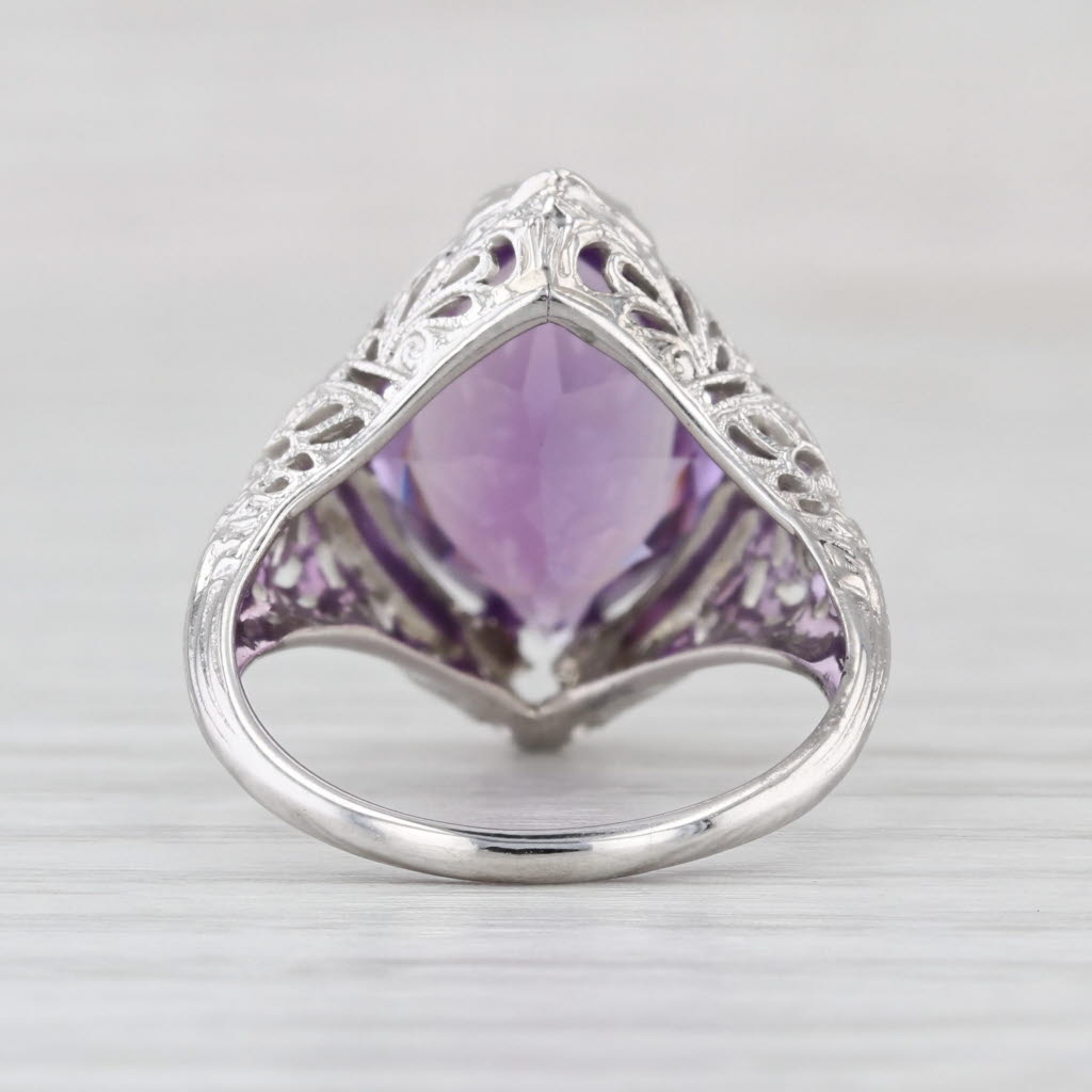 Art Deco 5ct Marquise Amethyst Solitaire Ring 18k White Gold Filigree Floral