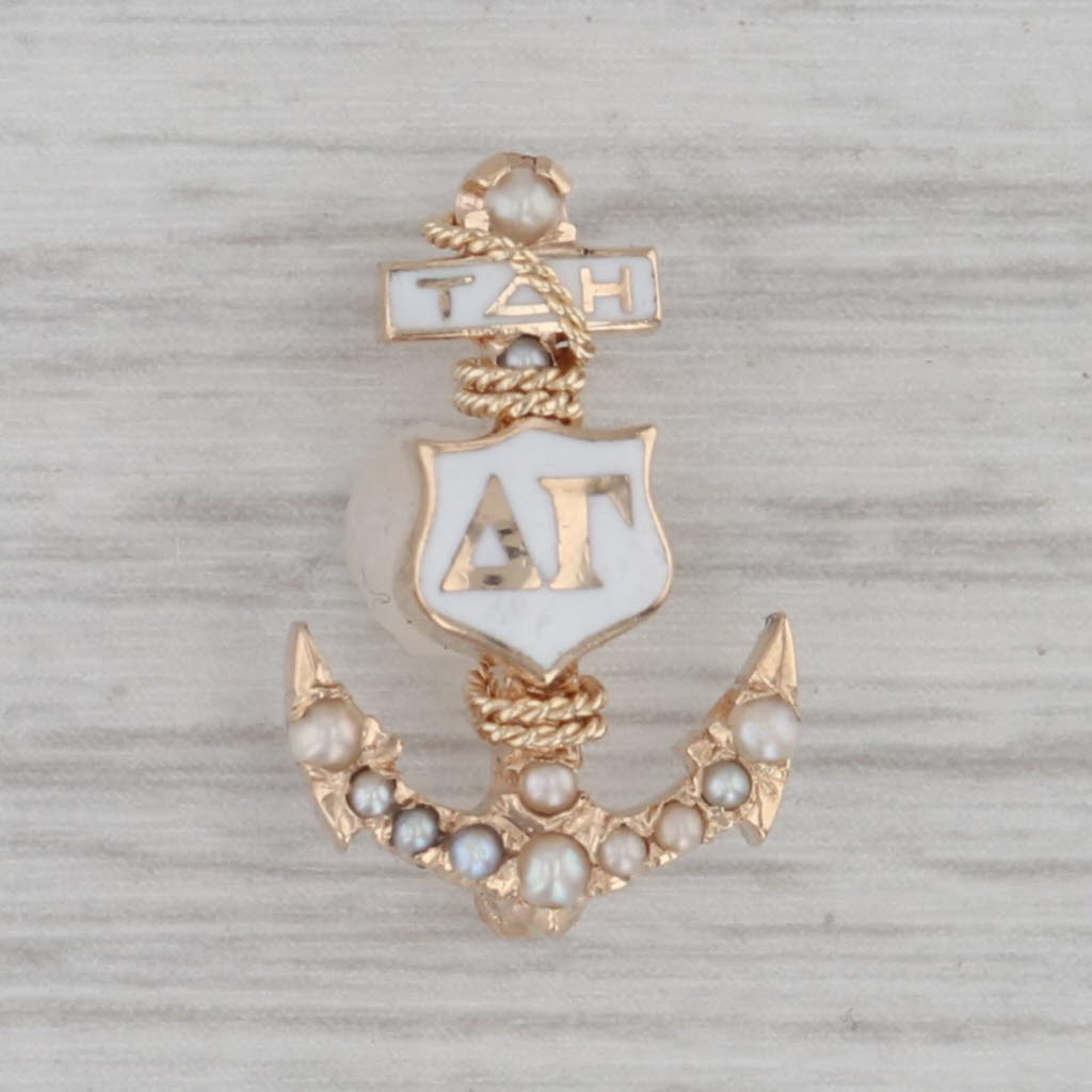 Gray Vintage Delta Gamma Sorority Anchor Badge 10k Yellow Gold Pearls Greek Pin