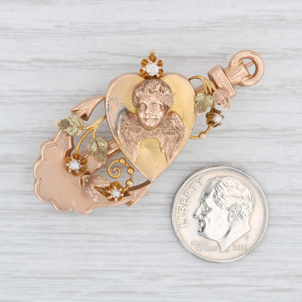 Antique Heart Anchor Brooch 10k 12k Gold Pearl Diamond Floral Pin