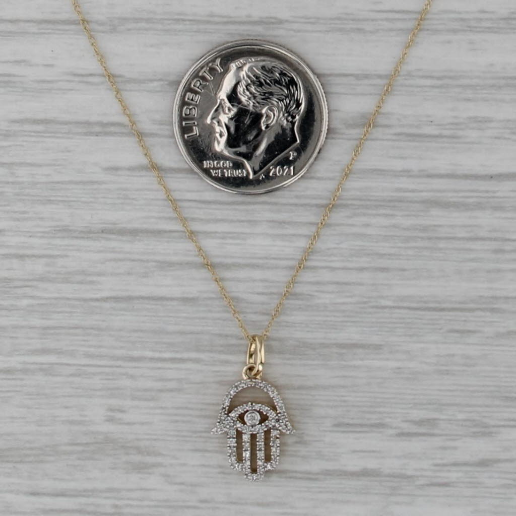 0.15ctw Diamond Hamsa Pendant Necklace 14k Yellow Gold 18" Rope Chain