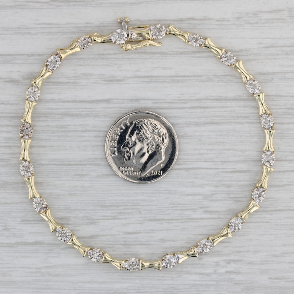 Gray 0.12ctw Diamond Bamboo Link Bracelet 10k Yellow Gold 7" 3.4mm