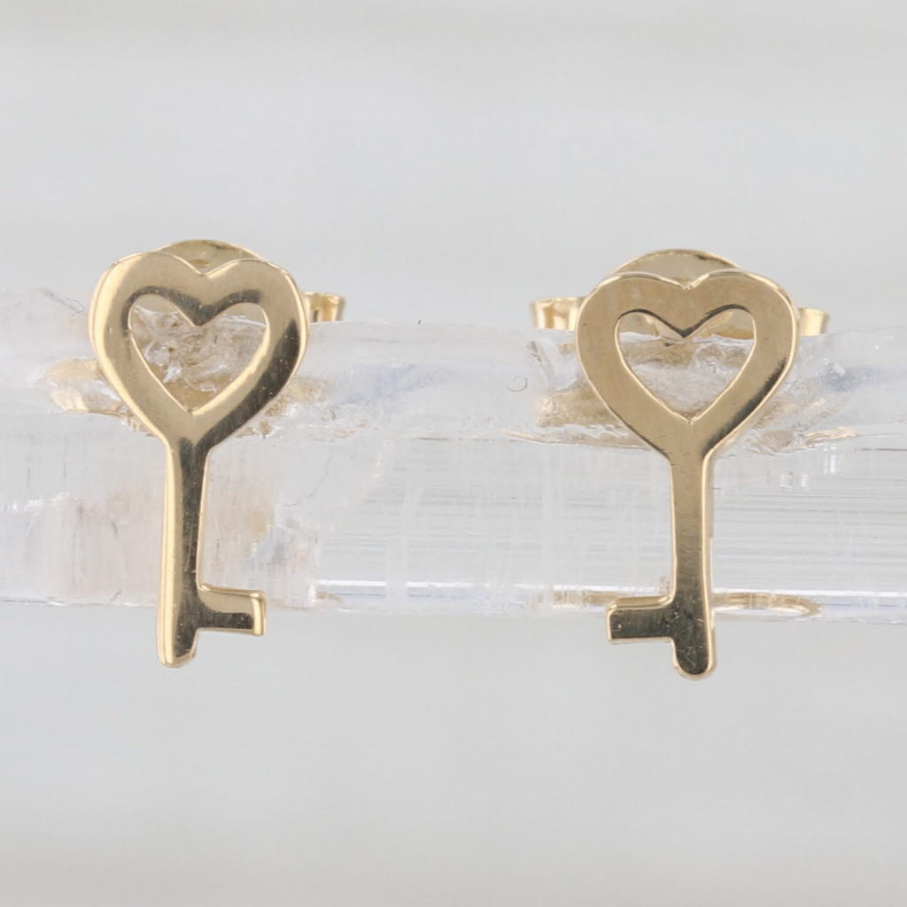 Heart Skeleton Key Stud Earrings 18k Yellow Gold Small Studs