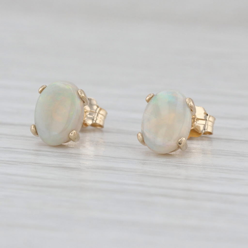 Opal Stud Earrings 14k Yellow Gold Oval Cabochon Solitaire Studs