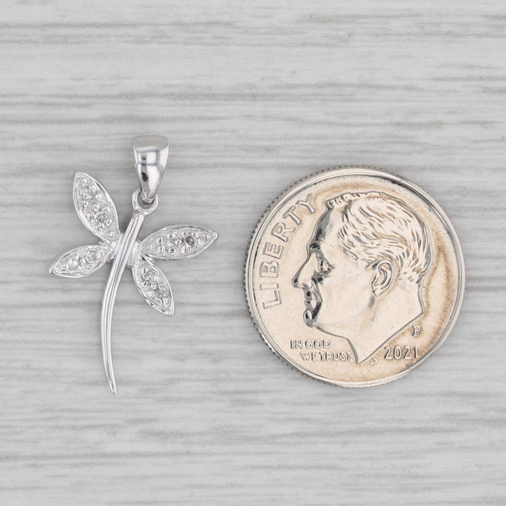 Gray Diamond Dragonfly Pendant 10k White Gold Small Drop Charm Insect Bug Jewelry