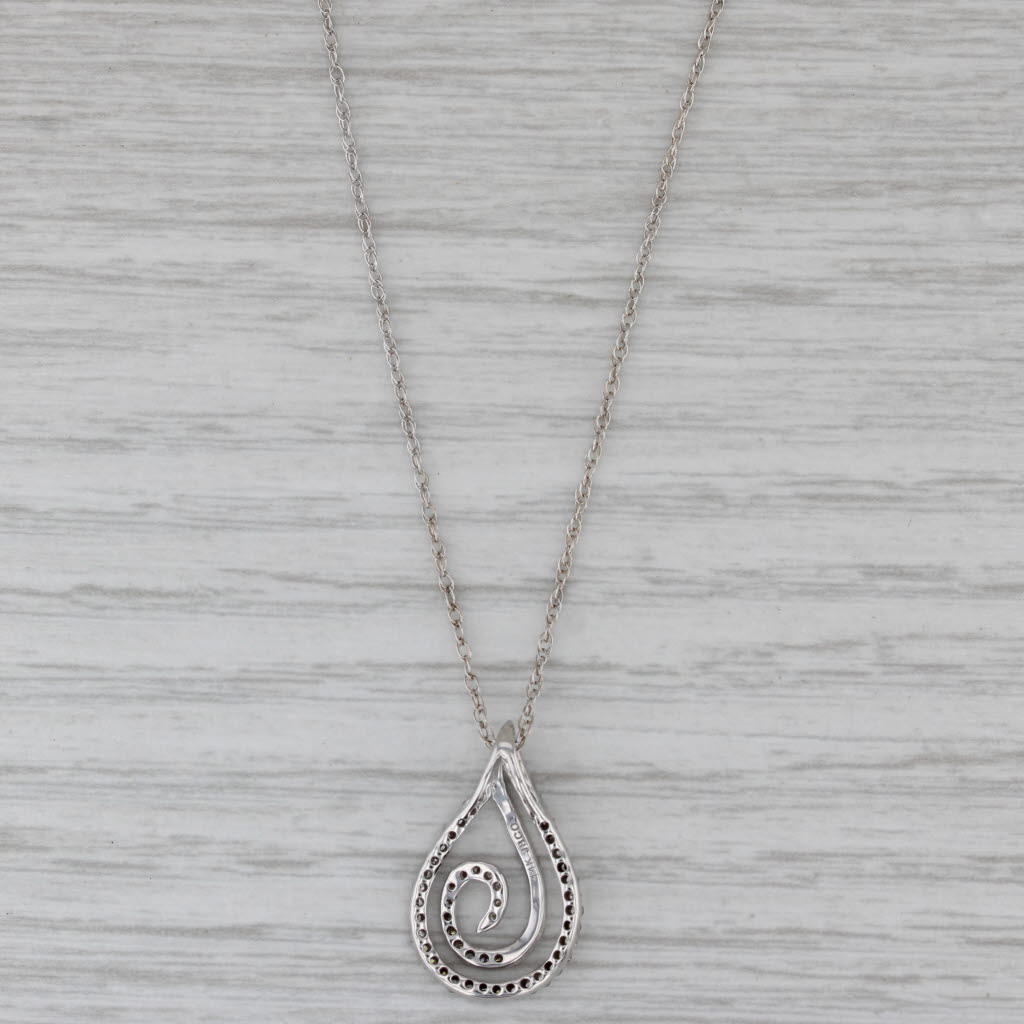 Gray Diamond Swirl Teardrop Pendant 14k White Gold 18.5" Rope Chain
