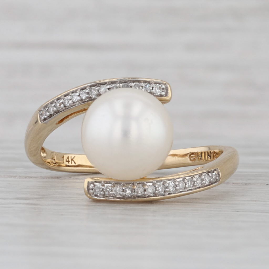 Cultured Pearl Diamond Bypass Ring 14k Yellow Gold Size 7