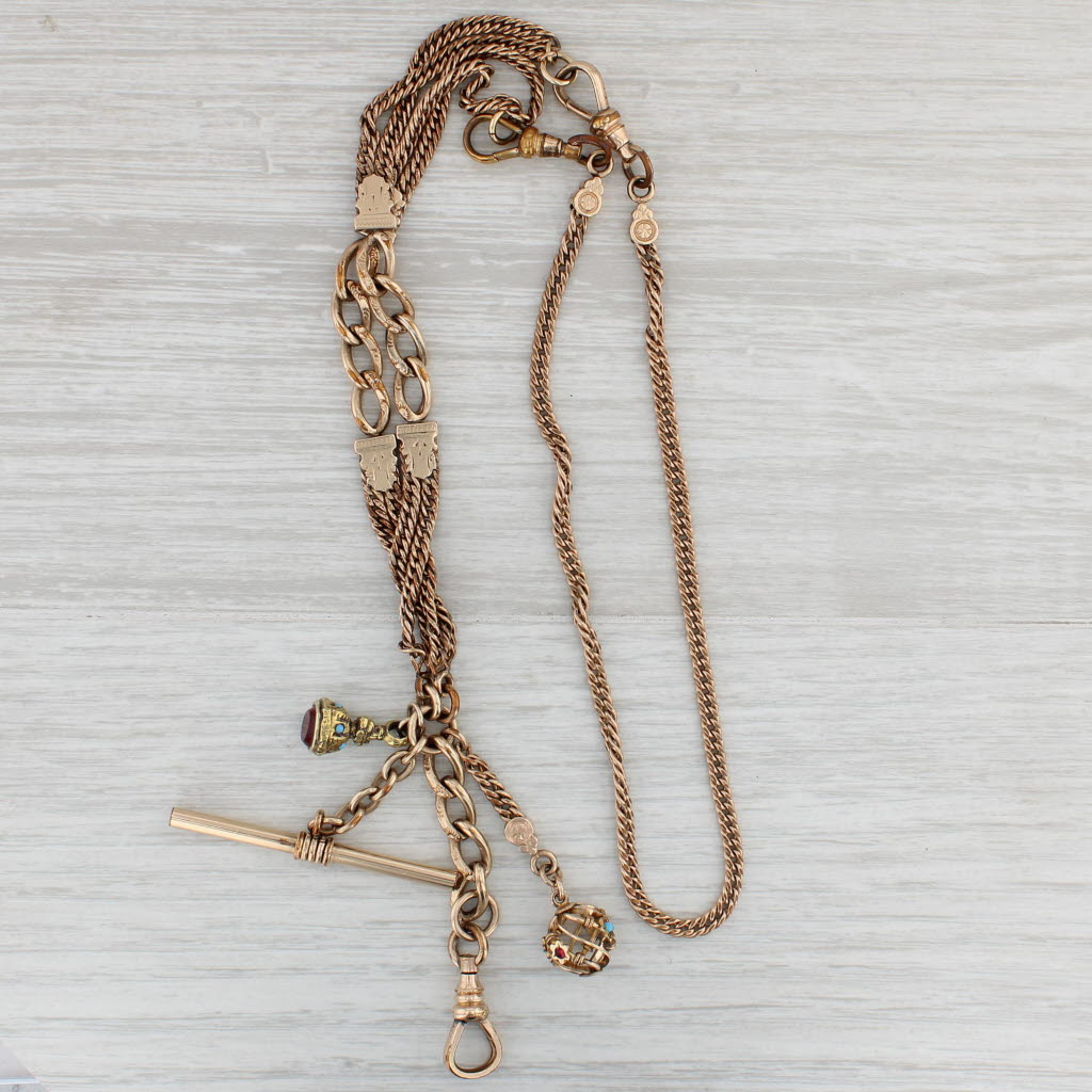 Light Gray Victorian Antique Watch Fob Chain Necklace Pendant Glass Gold Filled
