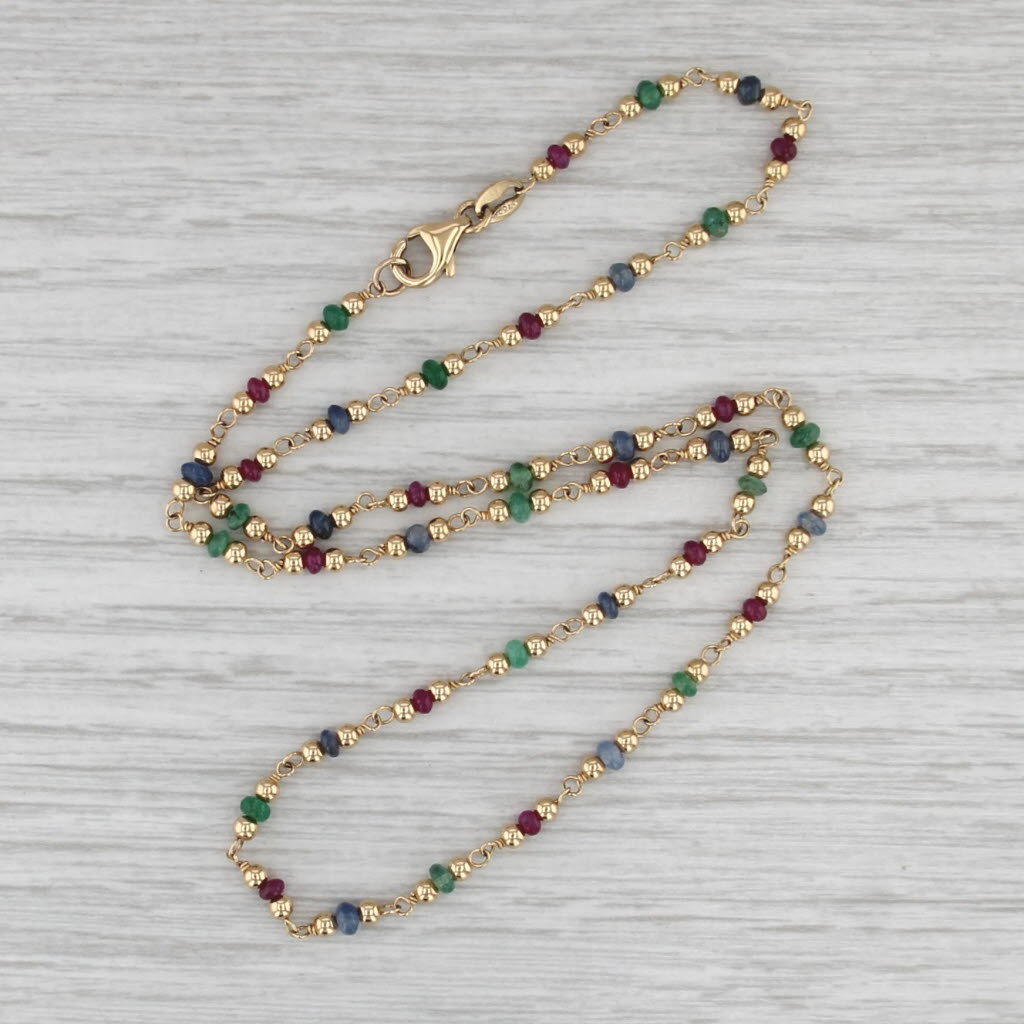 Gemstone Bead Necklace 18k Yellow Gold 16" Chain Emerald Sapphire Ruby