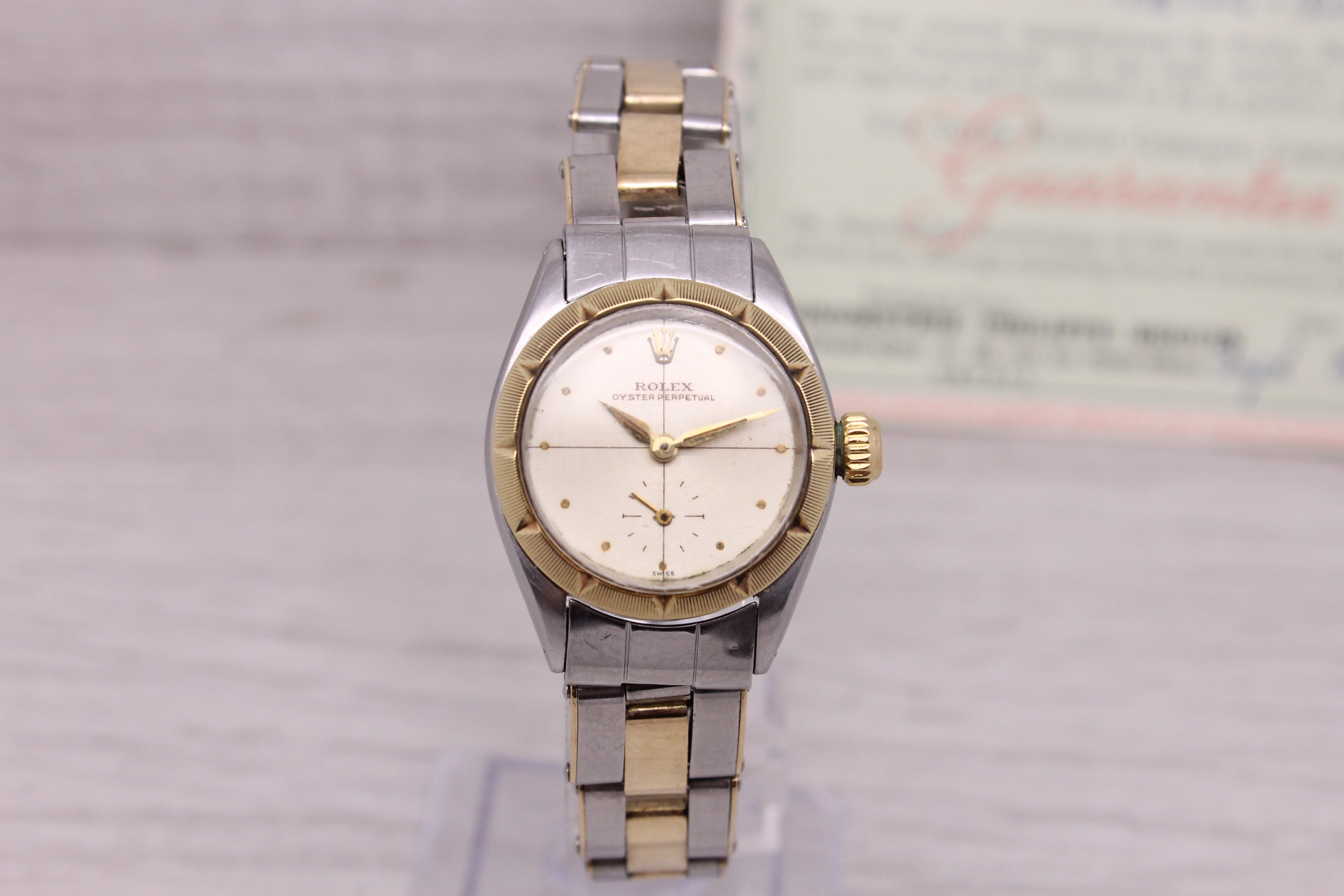 Gray Vintage 1956 Rolex Zephyr Oyster Perp 6503 Ladies Automatic 2 Tone Watch Papers