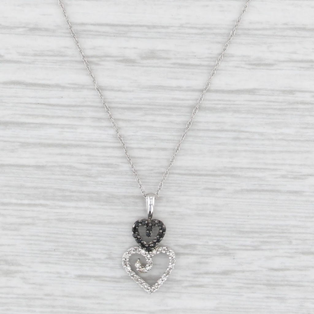 Black White Diamond Hearts Pendant Necklace 10k White Gold 18" Rope Chain