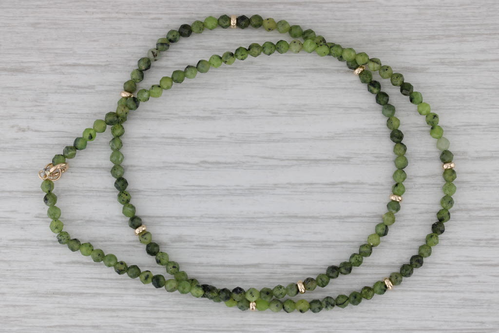 Gray Green Serpentine Bead Strand Necklace 14k Yellow Gold 3.3mm 18"